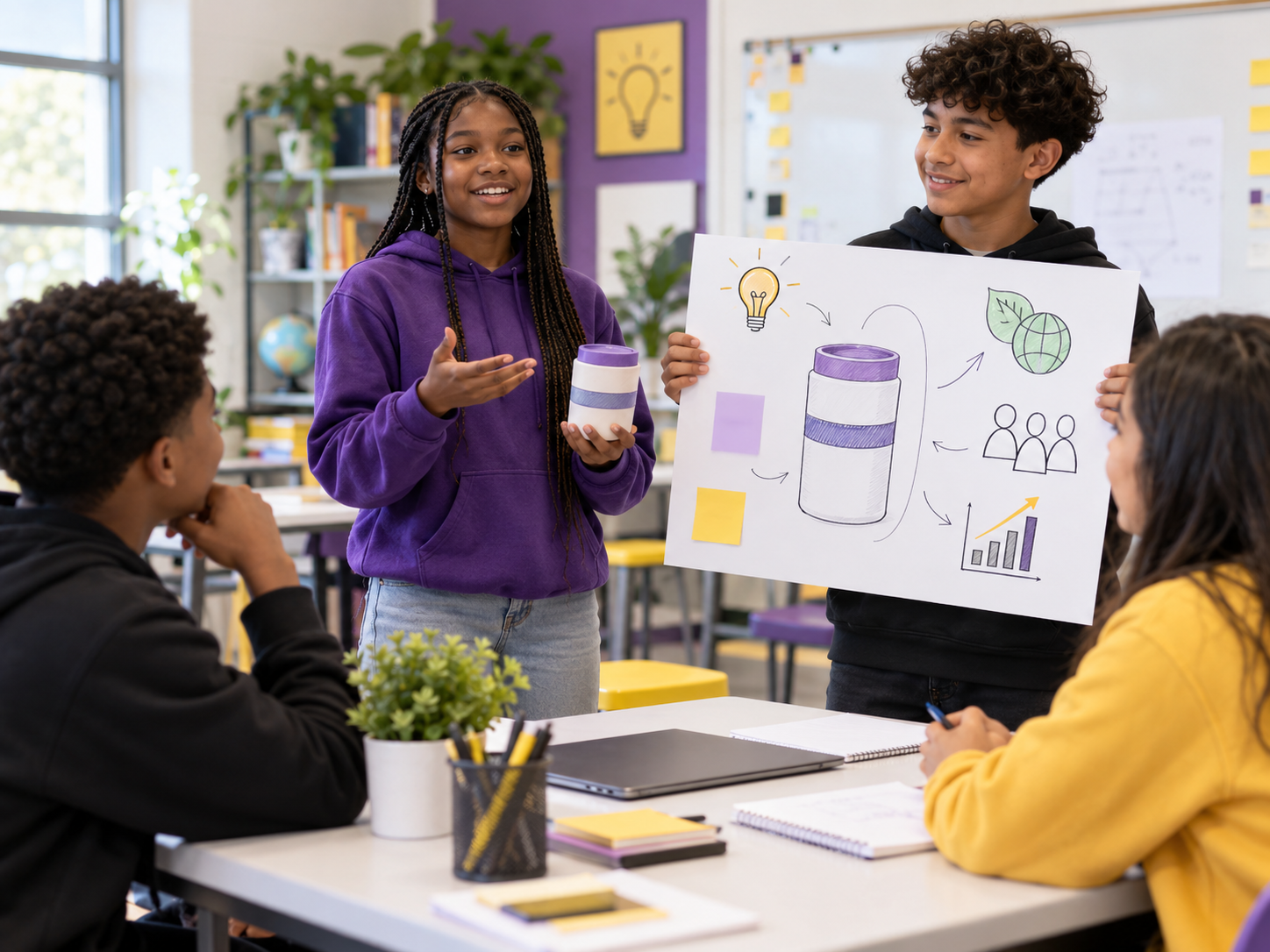 Diverse students presenting a business idea