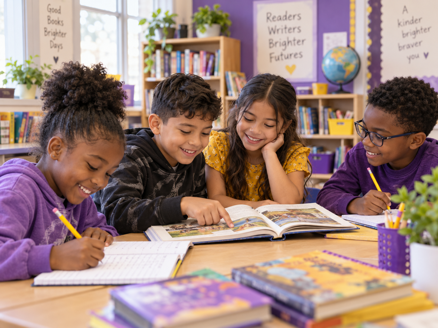 Diverse students reading and writing together